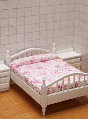 1:12娃娃屋DOLLHOUSE迷你家具微缩食物小碎花卧室场景白色双人床