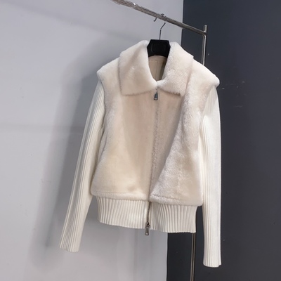 雪域暖阳 美利奴皮毛一体拼接针织拉链皮草外套女米白色QQS长56