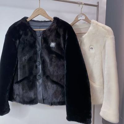 进口整貂貂皮大衣圆领短款M拼美利奴皮毛一体外套1709长56