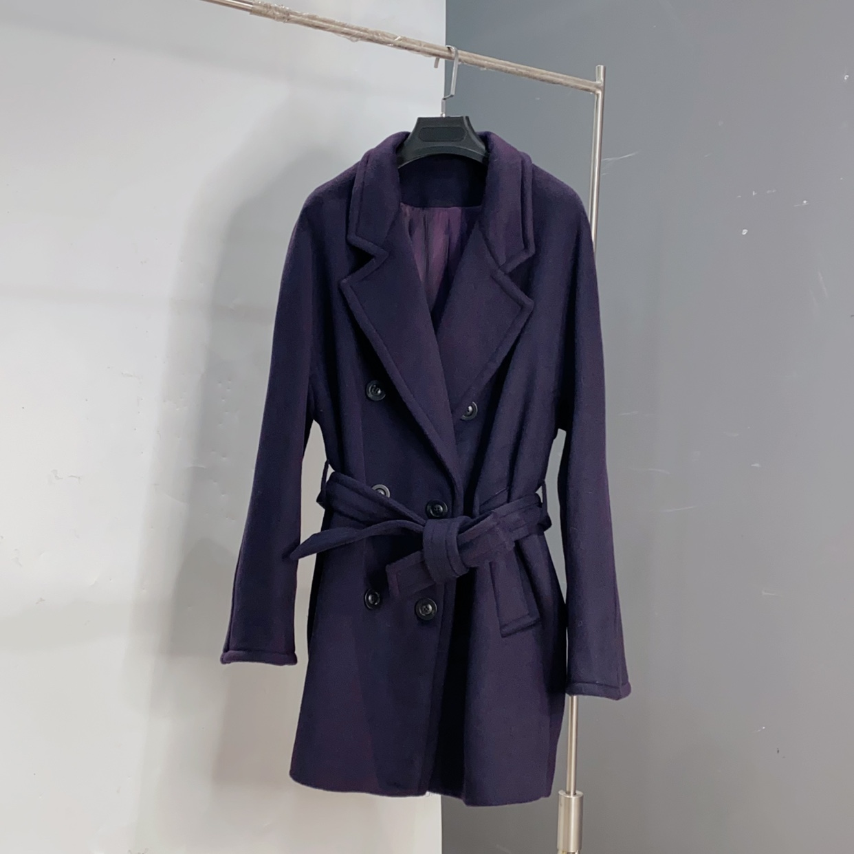 高端轻奢经典10羊绒90羊毛双面毛呢大衣女系带收腰紫色AN长85