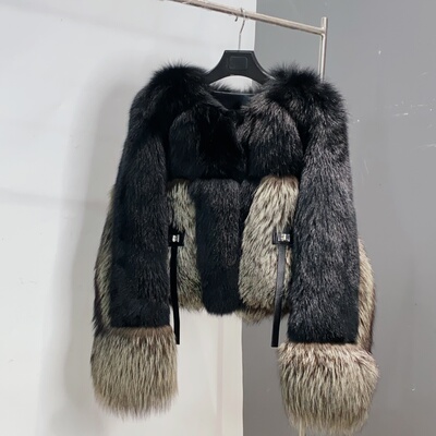 海宁银狐毛皮草大衣女短款绵羊皮拼接保暖黑色外套808长48