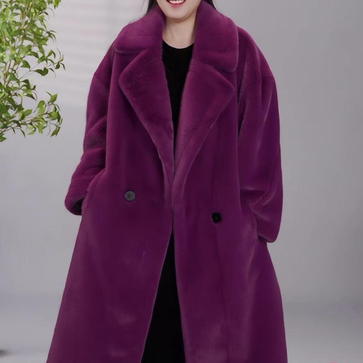 紫色环保毛貂绒西装泰迪宽松貂绒环保毛皮草外套女长103