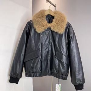 &不退换牛皮桑蚕丝填充棉服山羊绒毛领牛皮加厚棉服FF2658长62