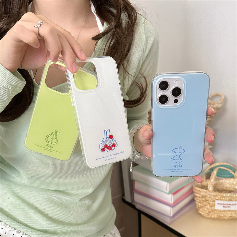 纯色线条雪梨苹果购物袋适用iPhone16苹果15ProMax/14/13手机壳女