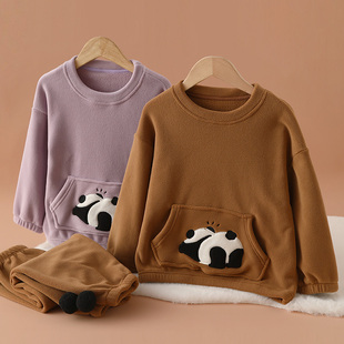 秋冬新款儿童家居服套装宽松摇粒绒男女童宝宝保暖外套裤子卡通潮