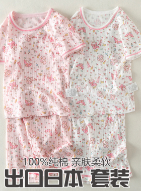 日系纯棉透气女童短袖家居服夏季中小童女宝宝居家睡衣A类无荧光