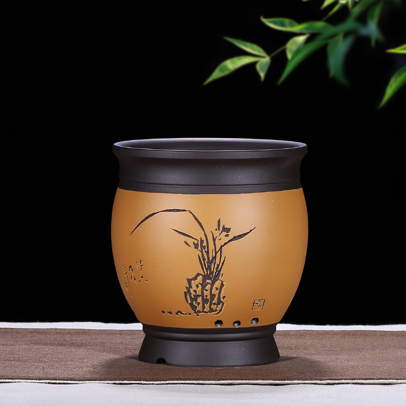 宜兴紫砂花盆精品花盆兰花盆桌面绿植古典陶瓷花盆手工刻绘圆形