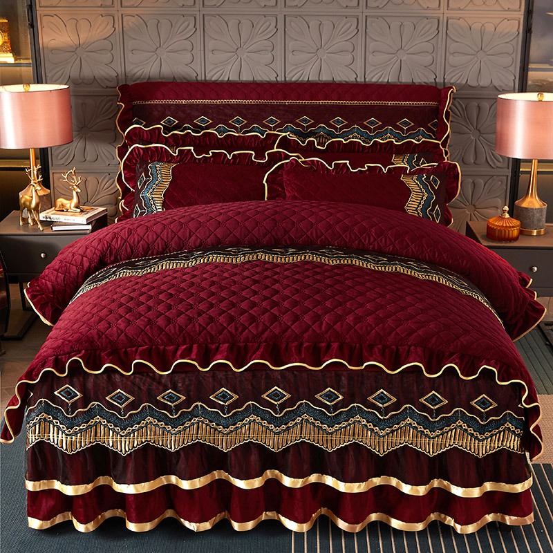 欧式夹棉水晶绒床裙式四件套加绒加厚床罩双人保暖珊瑚毛绒被套i.