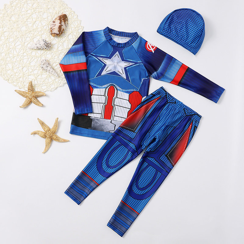 出口欧美超酷美国队长儿童泳衣男童连体游泳衣帅气冲浪服速干潮