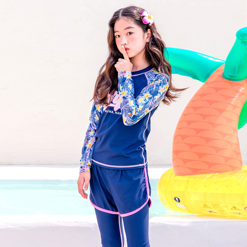 2023韩版新款儿童游泳衣女孩中大童分体裙式长袖防晒可爱公主泳装