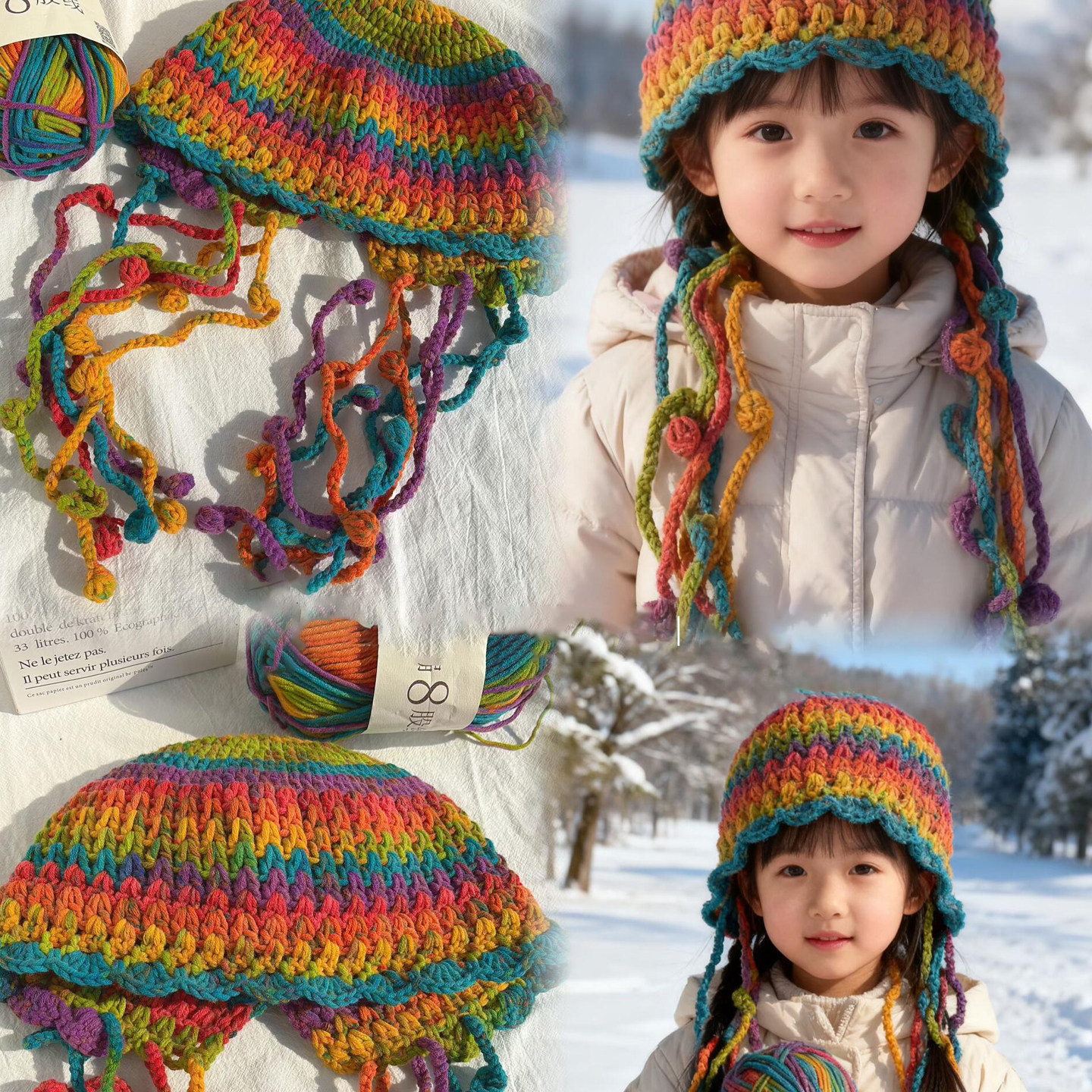 水母帽手工编织diy材料包8股手编线针织棉线儿童流苏护耳帽精灵帽