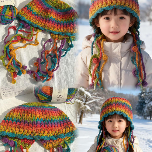 水母帽手工编织diy材料包8股手编线针织棉线儿童流苏护耳帽精灵帽