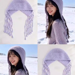 渐变魔法球毛线团编织水母帽子手工diy材料包毛绒流苏针织护耳帽