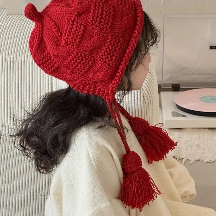 红色流苏帽子diy手工编织材料包毛线钩织围巾冬天绒绒猫耳朵帽子