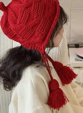 红色流苏帽子diy手工编织材料包毛线钩织围巾冬天绒绒猫耳朵帽子