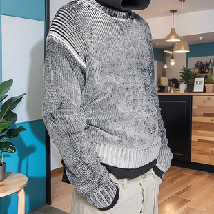 秋冬款针织衫毛衣女大码圆领长袖直筒宽松套头衫加厚撞色掉肩毛衫