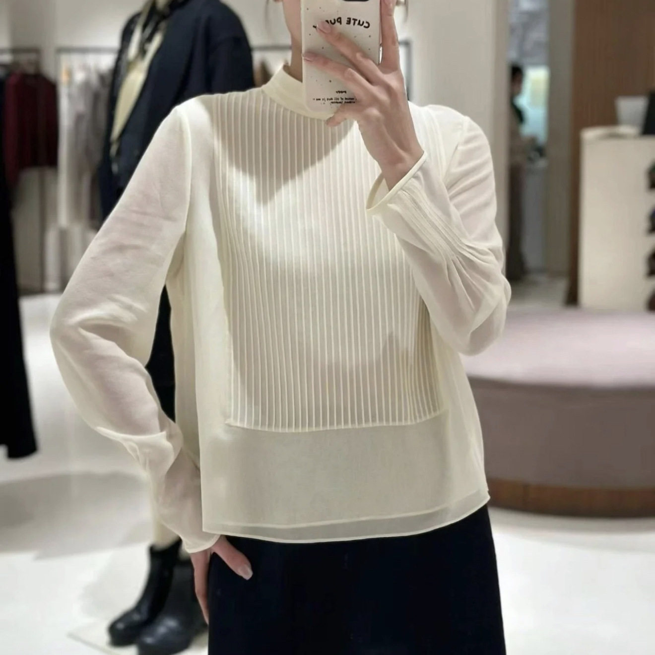 现货 小禾风女装2026春季风琴褶肌理双层半高领雪纺衬衫通勤上衣