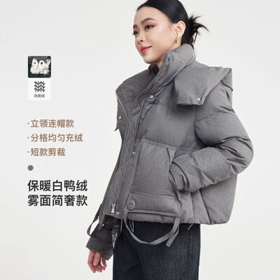 墨麦客女装灰色雾面白鸭绒羽绒服女冬季立领连帽羽绒外套女10125.