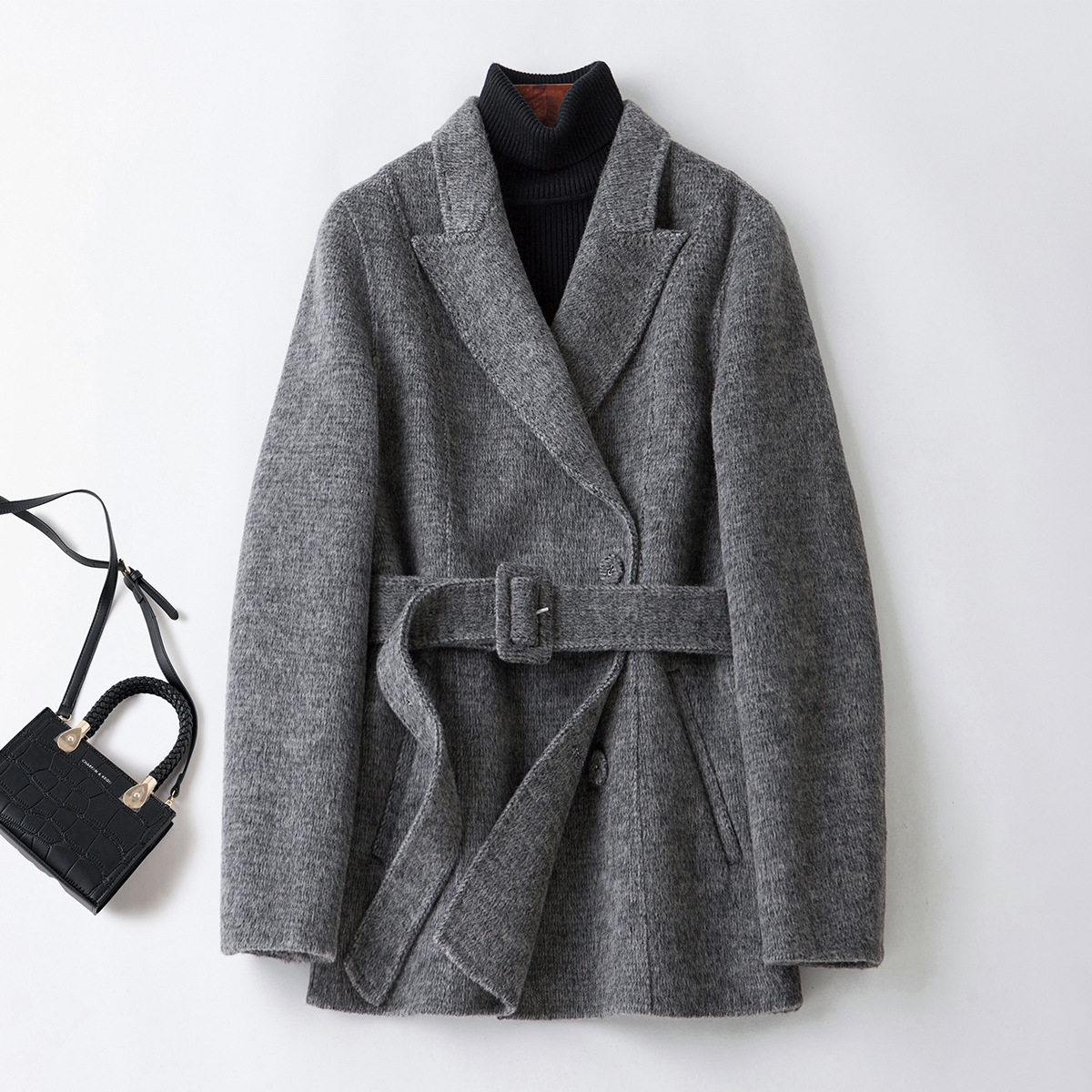 Q021#双面羊绒大衣女2025秋冬新款修身西装小个子高级感毛呢外套