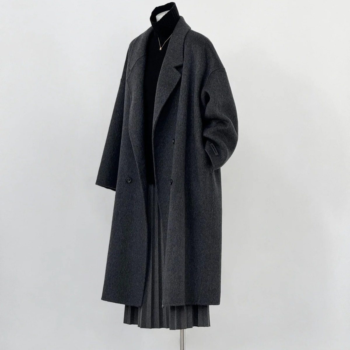2025秋冬新款加大双面羊毛大衣宽松茧型深灰色格雷系长款毛呢外套