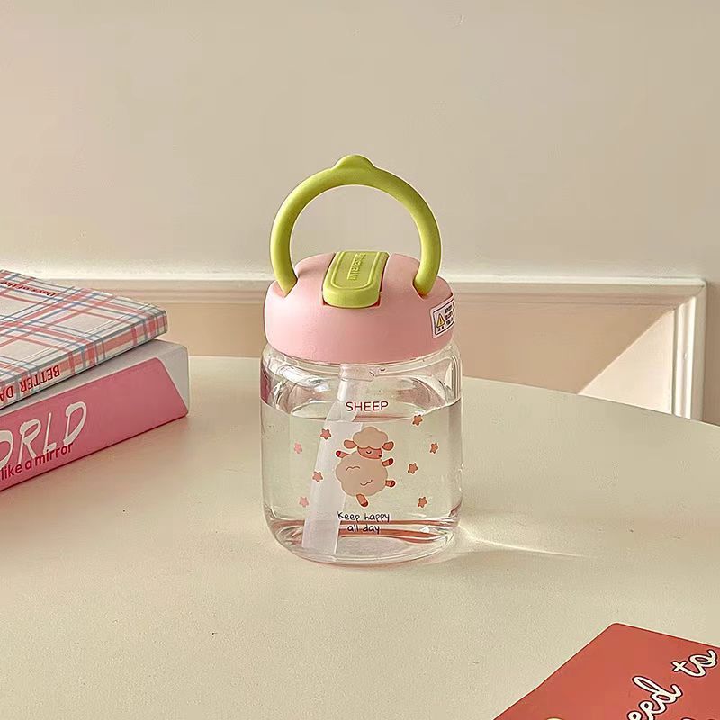 可爱卡通墩墩迷你玻璃咖啡水杯随手杯便携提手吸管杯女生高颜值