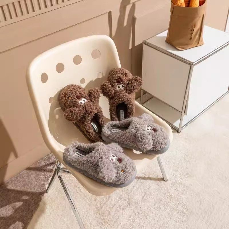 新疆包邮情侣棉拖鞋卡通俏皮狗室内家居保暖厚底毛毛绒拖鞋男居家