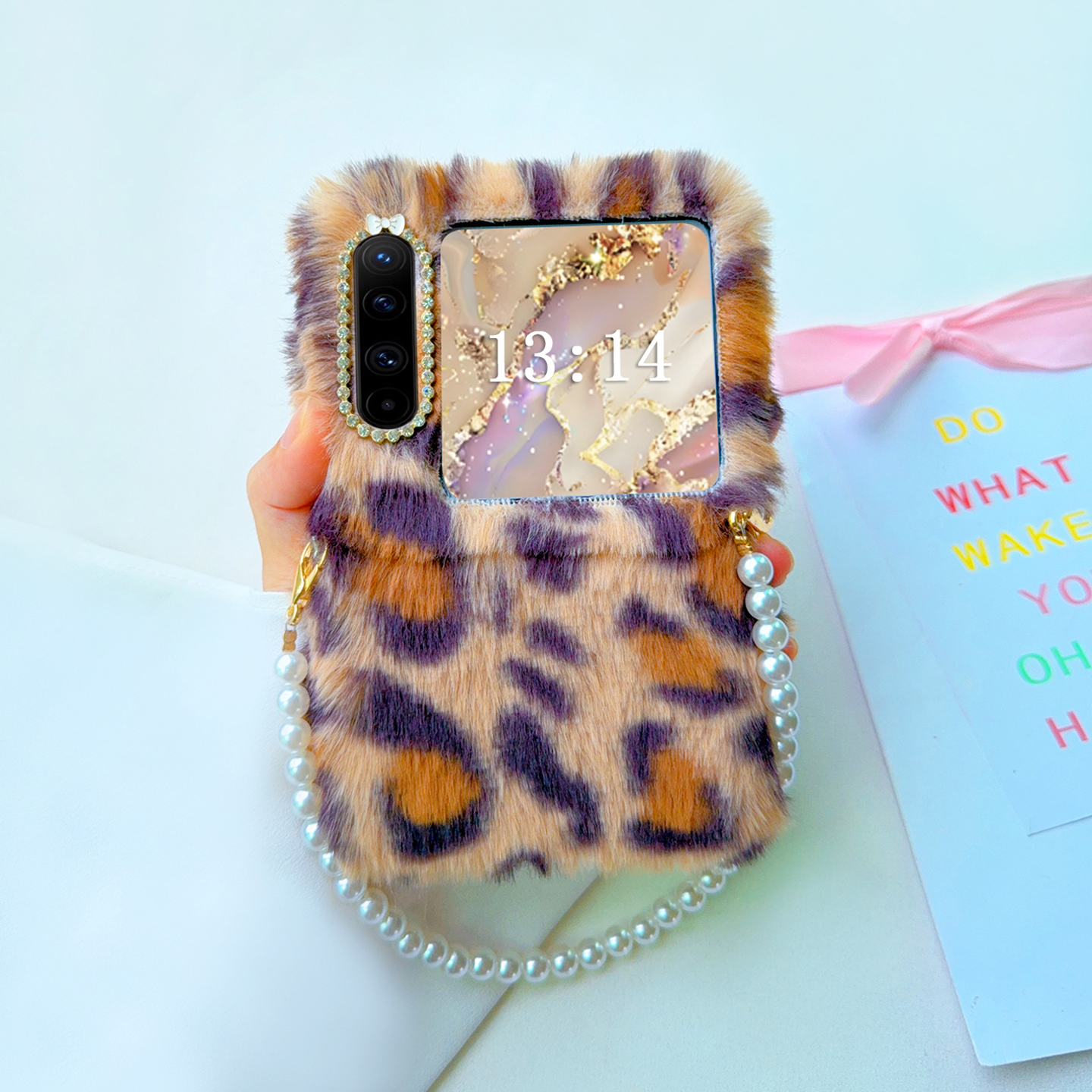 豹纹毛绒适用华为purax手机壳典藏版女款高级毛茸茸手提链中轴全包防摔p50pocket2折叠屏保护壳时尚novaflips