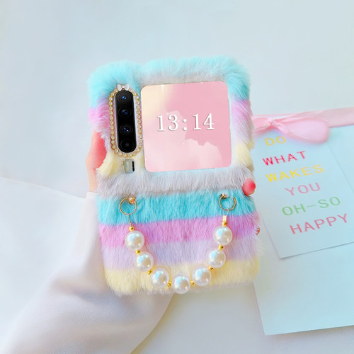 斜跨适用华为purax手机壳典藏版折叠屏女款毛绒长背链手提防摔pocket2毛茸茸可爱创意新款荣耀vflip2保护壳潮