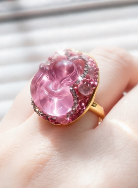 粉色琉璃压电水晶迷迷狐戒指女款九尾狐指环新中式狐仙桃花人缘
