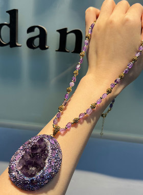 原矿紫水晶碧玺原石项链设计感长款项链新款毛衣链高级感女