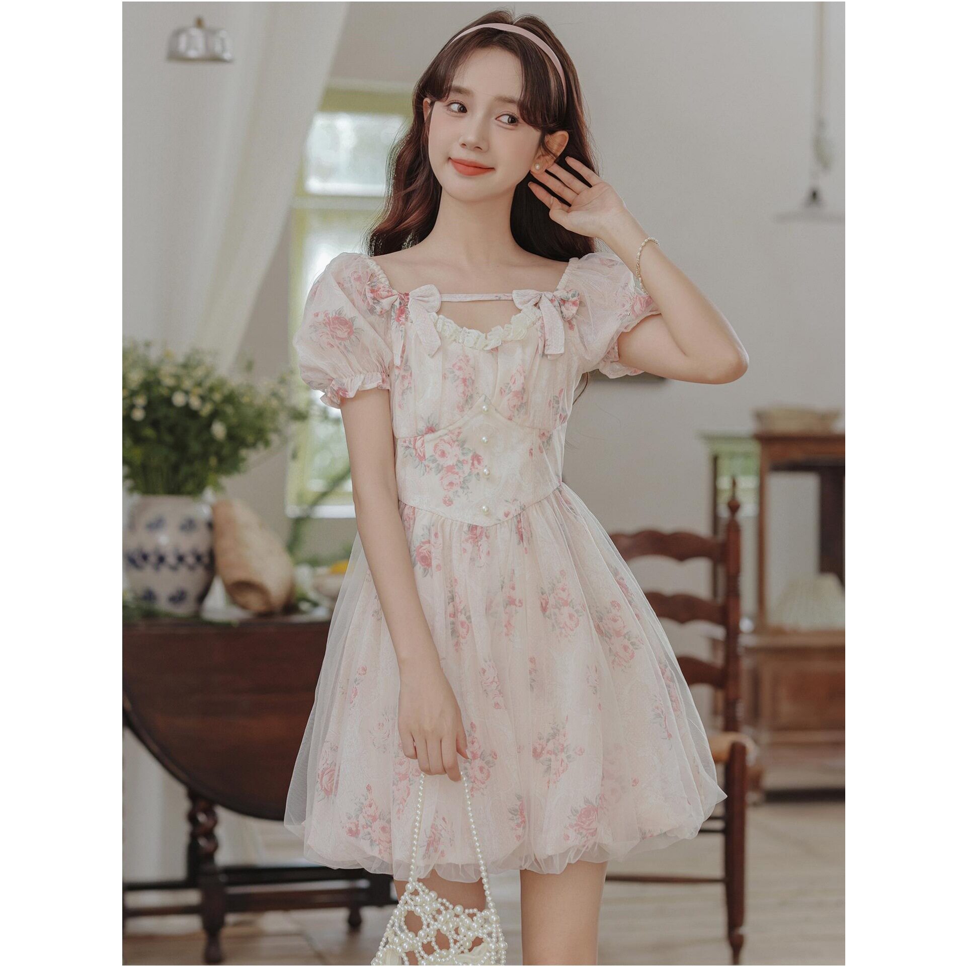 甜芋芝士 粉色碎花短裙甜美蝴蝶结短袖连衣裙女夏季新款