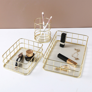 北欧轻奢主义电镀金色金属收纳筐笔筒桌面首饰盒拍摄道具摆件