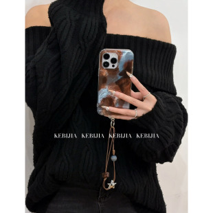 ins小众蓝棕色晕染挂绳防摔适用于苹果17promax16 14手机壳