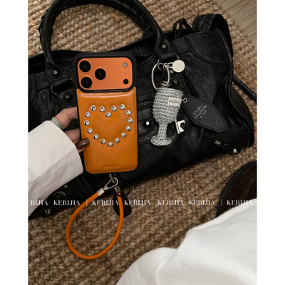 ins高级爱马仕橙铆钉皮质壳防摔适用于苹果17promax15/16手机壳