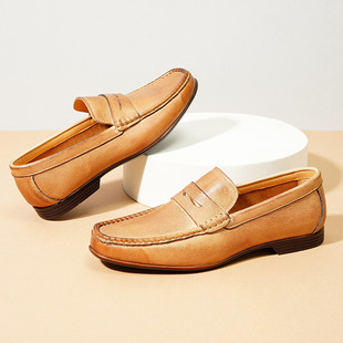 软牛皮一脚蹬休闲鞋圆方头乐福鞋男开车懒人鞋软底皮鞋真皮豆豆鞋