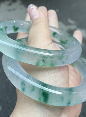 翡色翠玉高冰飘花胖圆条手镯石英岩处理冰玉石美人镯玉手镯手饰品