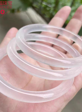 翡翠色高冰白色玉手镯石英岩玉冰种白月光手镯水沫冰透圆条美人镯