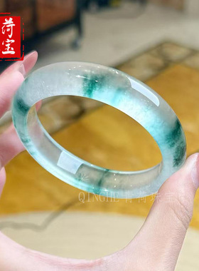 高冰仿独龙玉冰飘花手镯翡翠色独龙玉冰底飘花手镯正圈飘花手镯