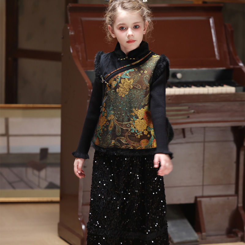 女童新中式夹棉旗袍马甲秋冬宝宝加厚保暖国风唐装背心拜年服汉服