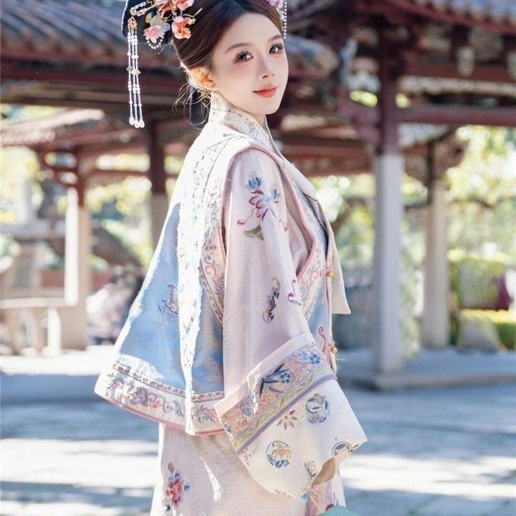 女格格服装汉服清朝3D印花古装公主马甲清朝旗袍全套格格衣服