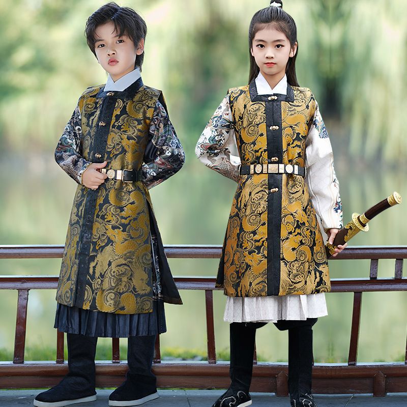 儿童汉服男女童明制古装演出服锦衣卫汉服织金罩甲国风侠客飞鱼服