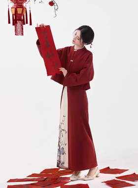 2043新中式国风马面裙旗袍套装红色喜庆日常改良汉服女秋冬2024年