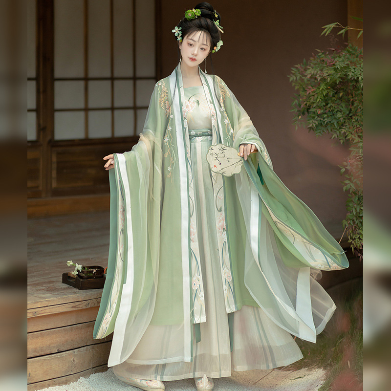 洛竹服饰宋制渐变绣花对襟大袖衫吊带一片齐腰百褶裙汉服女中国
