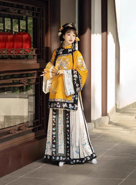 改良清汉女斜襟立领格格马面裙印花套装清代公主服饰汉服古装古风