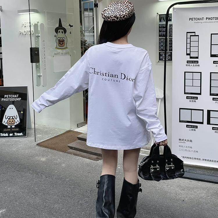秋冬独特休闲长袖纯棉男版t恤女长款宽松白色字母上衣设计感体恤