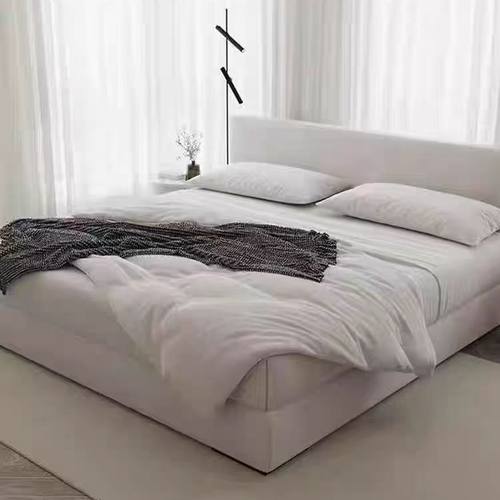 侘寂风棉麻布艺床奶油风实木超薄小户型卧室齐边软包双人床