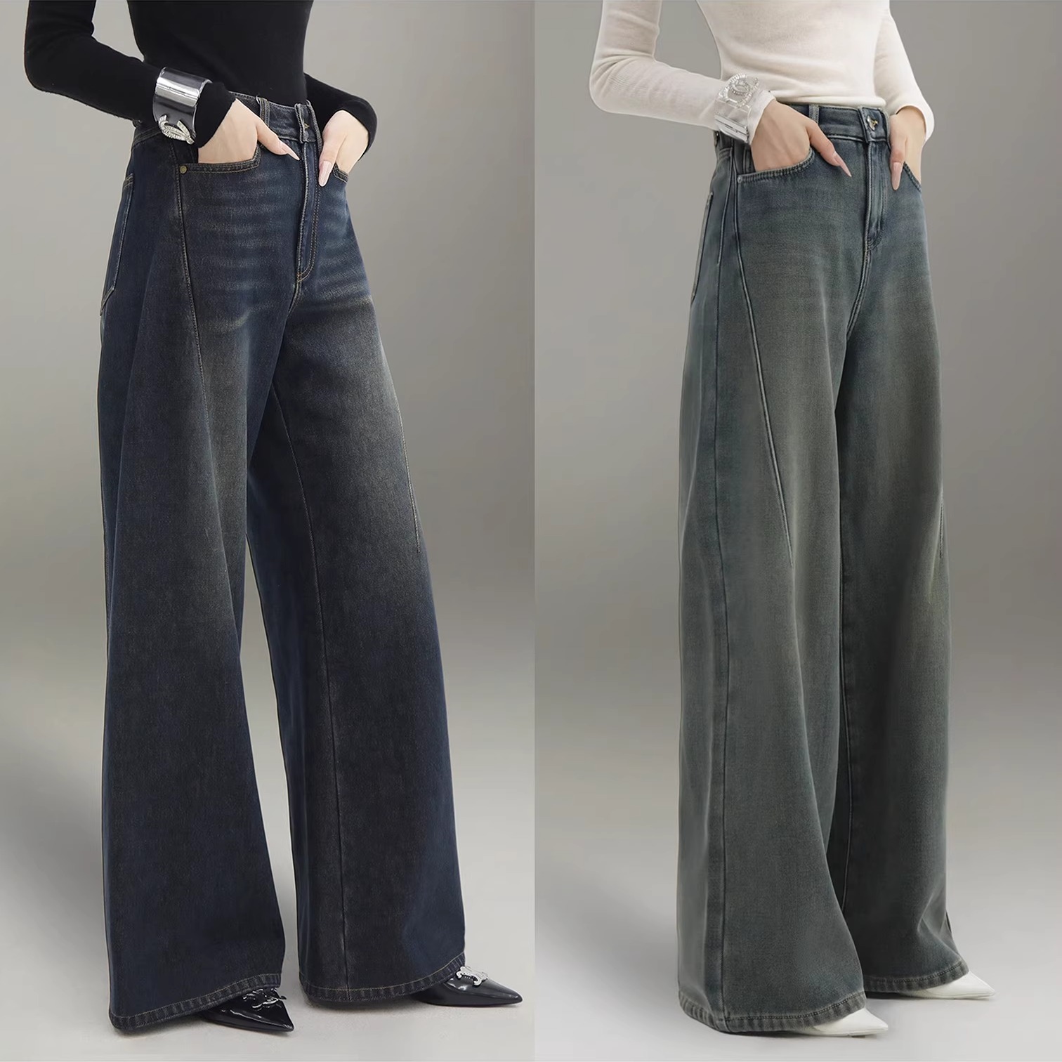 限量【石墨“古董牛”】腿巨直~保暖过冬的加绒瘦版vtg直筒牛仔裤