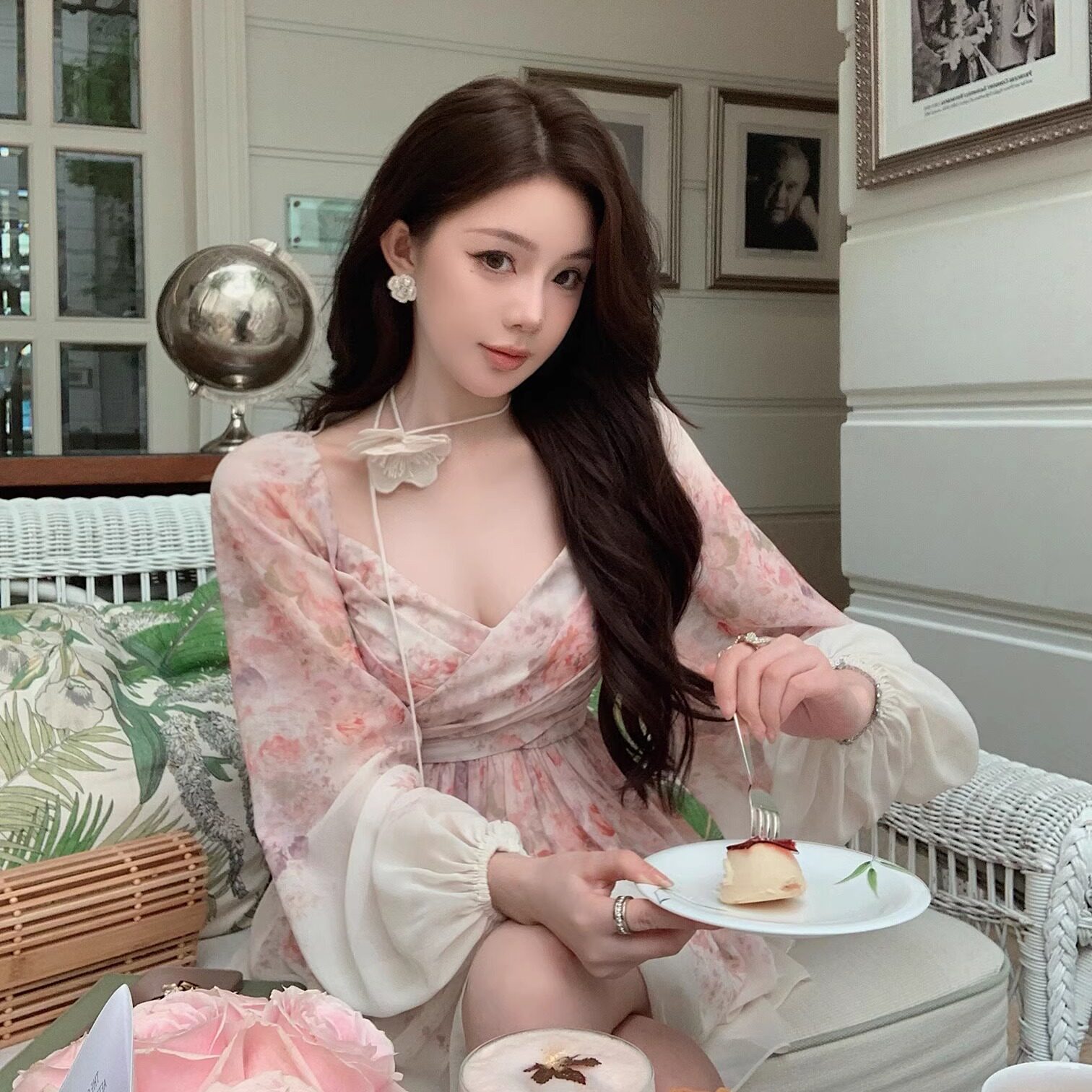 现货【千层玫瑰】水彩画感的清透与漂亮 D家低饱和定位花连衣裙