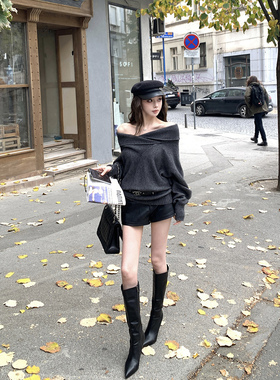 现货Olden格雷半岛古早韩流“特种毛”定染灰一字肩上衣/摩登短裤