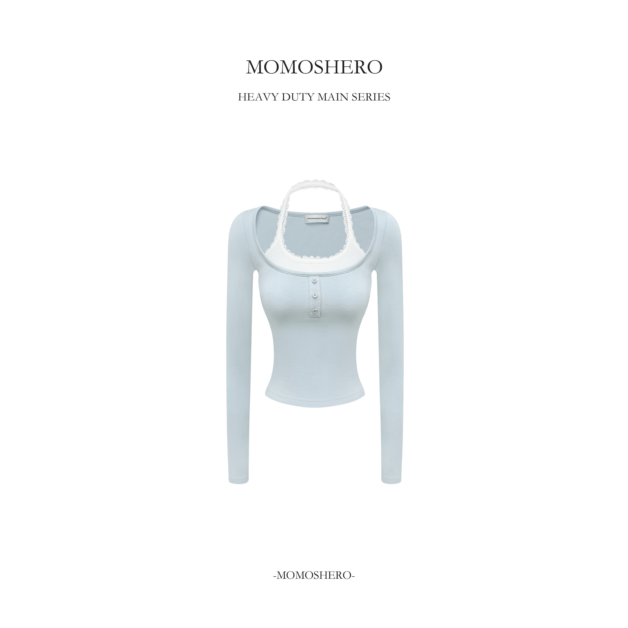 Momoshero【亨利"奶芙T"】薄绒版“baby奶芙蓝调”假两件挂脖上衣